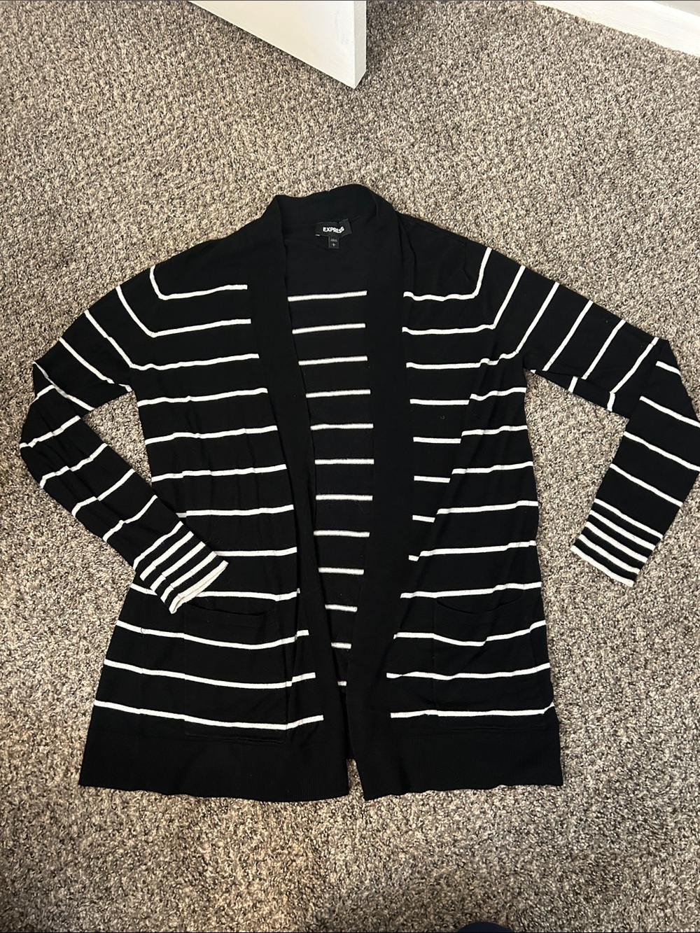Express Black and White Striped Open-Front Cardigan
